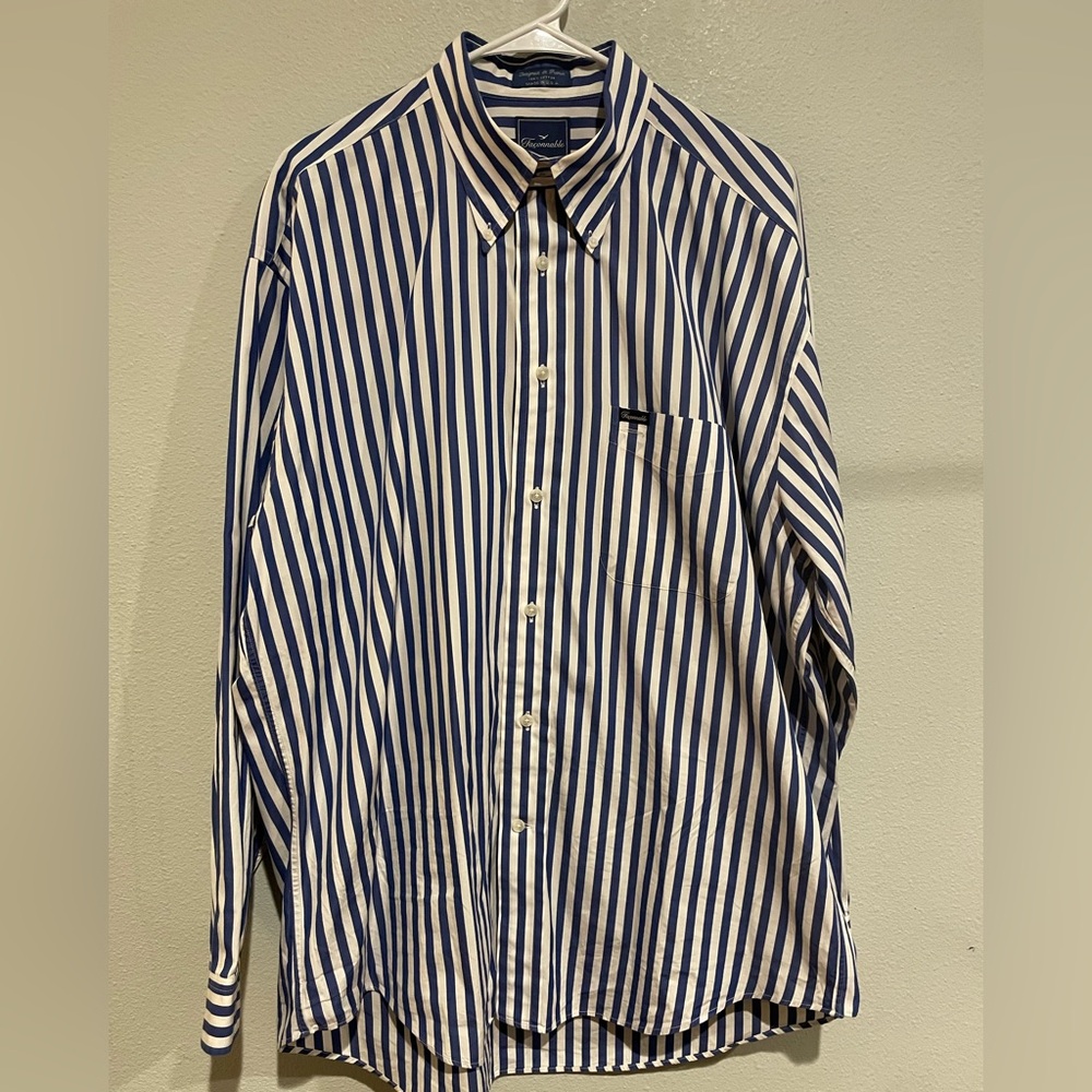 Faconnable Navy and White Striped Button Down Shirt
